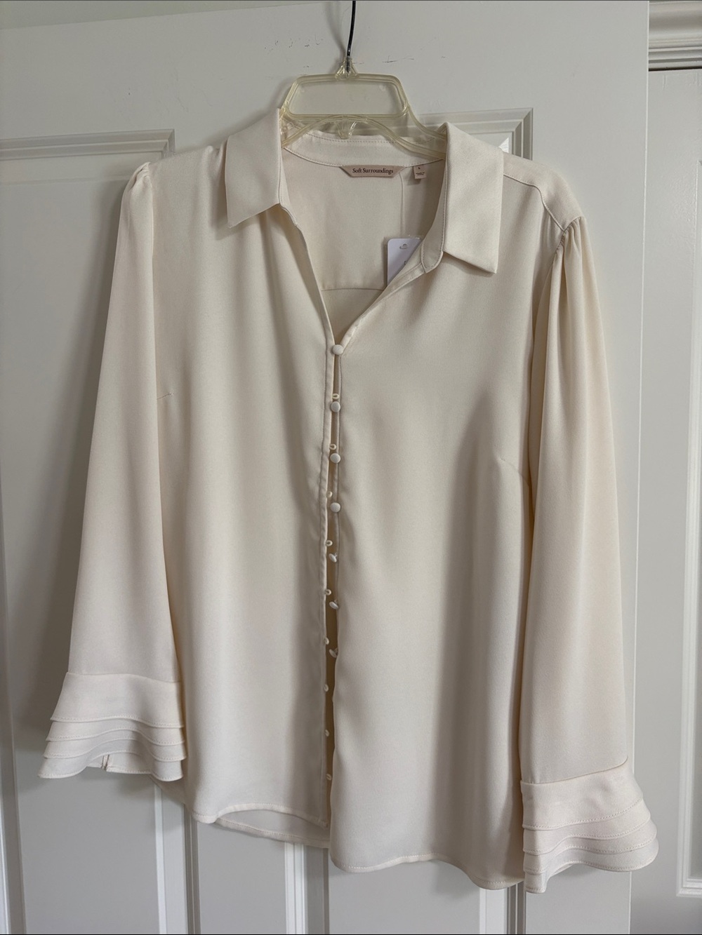 Soft Surroundings Cream Button-Front Blouse with Pleated Cuffs